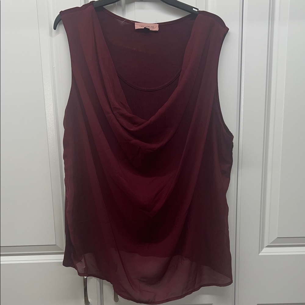 East Adeline Burgundy Cowl Neck Mixed Media Blouse Top 2X